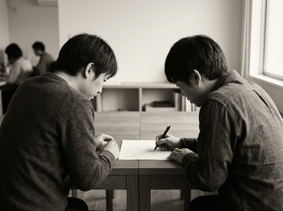 複数の半透明なトレーシングペーパーが重なり、重なった部分だけ像が揃って見える様子